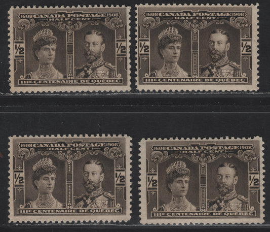 Canada #96 1/2c Black Brown & Brown Black Prince & Princess of Wales, 1908 Quebec Tercentenary Issue, 4 FNH Singles, Papers ABN-A & ABN-B, Three of the Shades Are ABN-B
