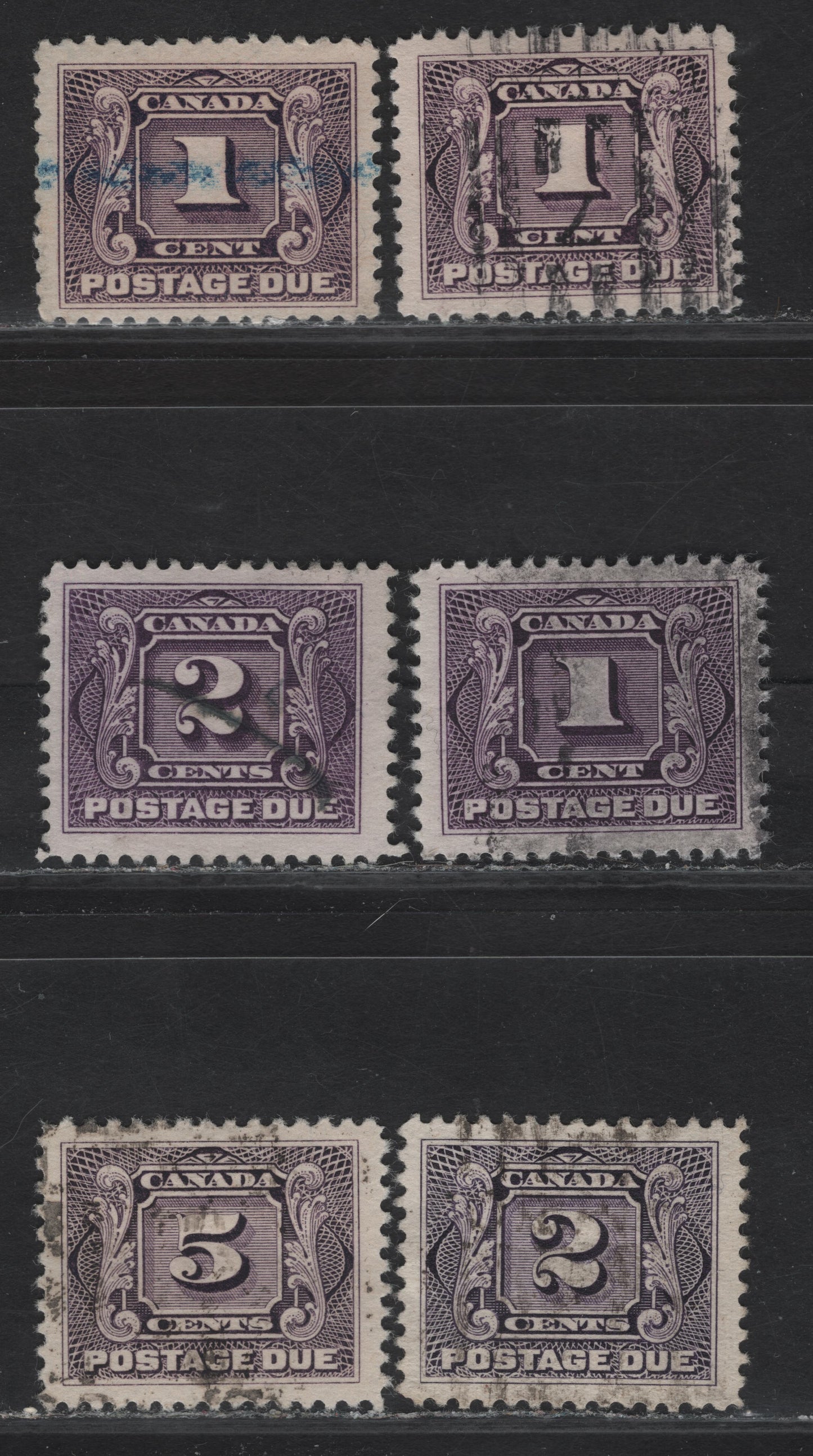 Lot 124 Canada #J1, J1c, J2, J2c, J4 1c - 5c Deep Rose Lilac - Blackish Lilac Numeral, 1906-1928 First Postage Dues, 6 Fine/Very Fine Used Singles, Papers ABN-P, ABN-EEE & ABN-FFF, Typical Roller or Crayon Cancels, Wet & Dry Printings.