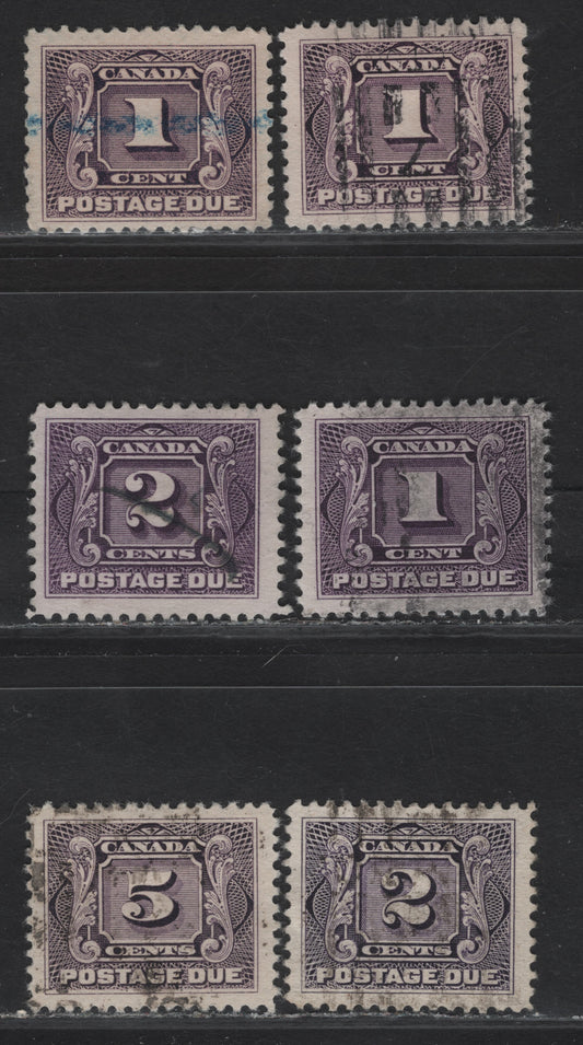 Lot 124 Canada #J1, J1c, J2, J2c, J4 1c - 5c Deep Rose Lilac - Blackish Lilac Numeral, 1906-1928 First Postage Dues, 6 Fine/Very Fine Used Singles, Papers ABN-P, ABN-EEE & ABN-FFF, Typical Roller or Crayon Cancels, Wet & Dry Printings.