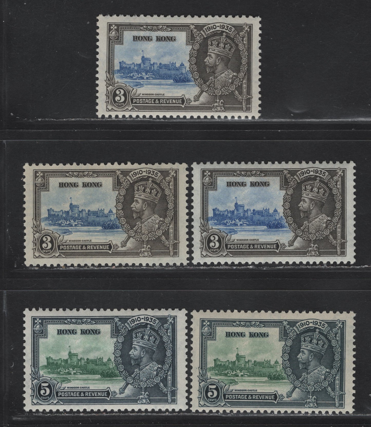 Lot 125 Hong Kong SG#133-134 3c - 5c Ultramarine & Gray Black - Green & Indigo KGV & Windsor Castle, 1935 Silver Jubilee Issue, 5 VFOG Singles, Shade Lot, Showing Different Vignette & Frame Shades On Which These Stamps Come