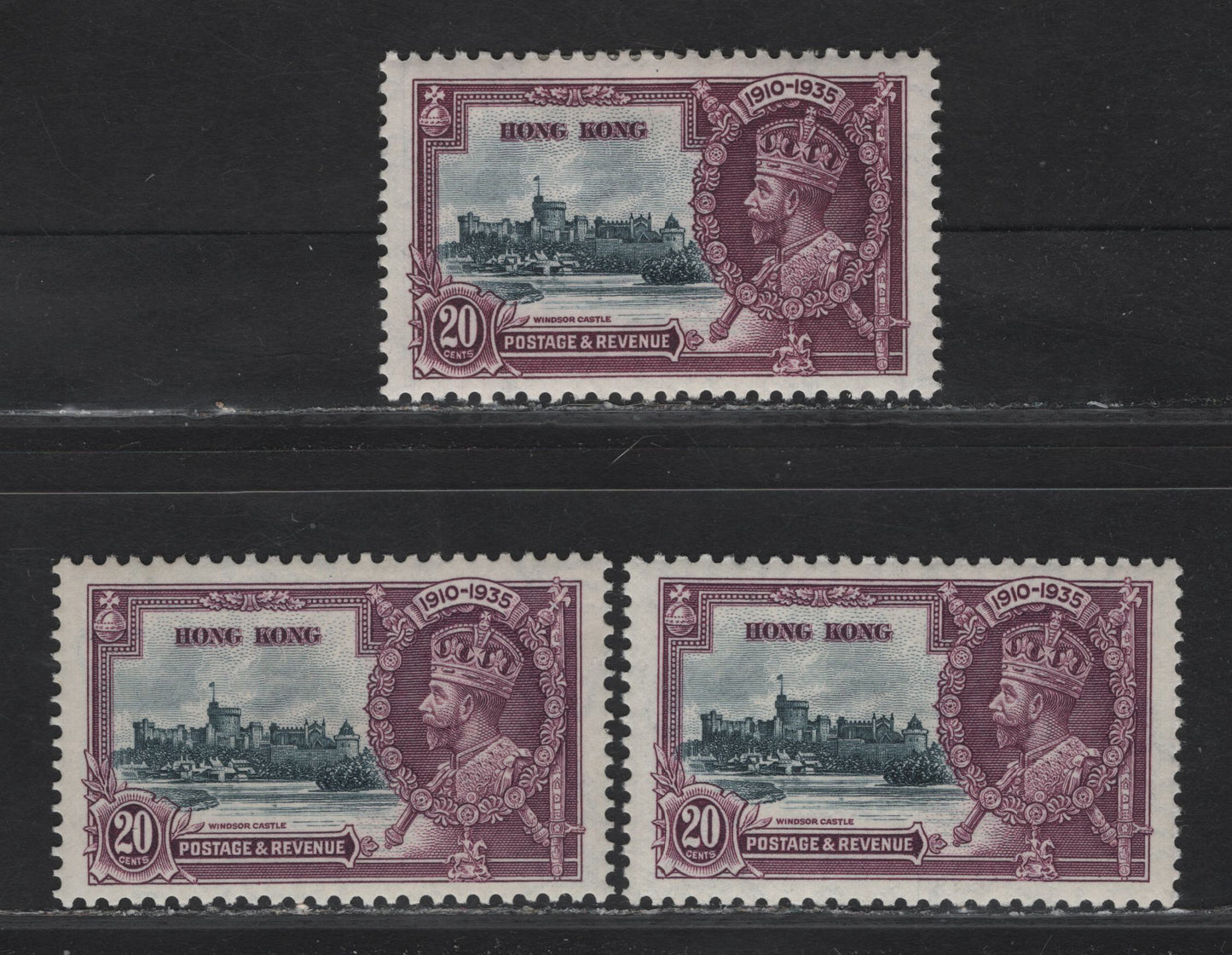 Lot 128 Hong Kong SG#136 20c Slate & Purple KGV & Windsor Castle, 1935 Silver Jubilee Issue, 3 VFOG Singles, 3 Different Frame & Vignette Shades
