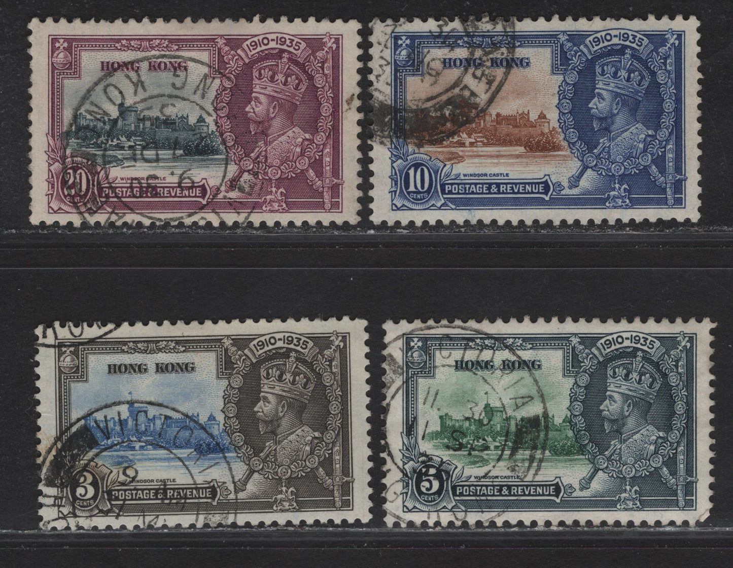 Lot 129 Hong Kong SG#133-136 3c - 20c Ultramarine & Gray Black - Slate & Purple KGV & Windsor Castle, 1935 Silver Jubilee Issue, 4 Very Fine Used Singles
