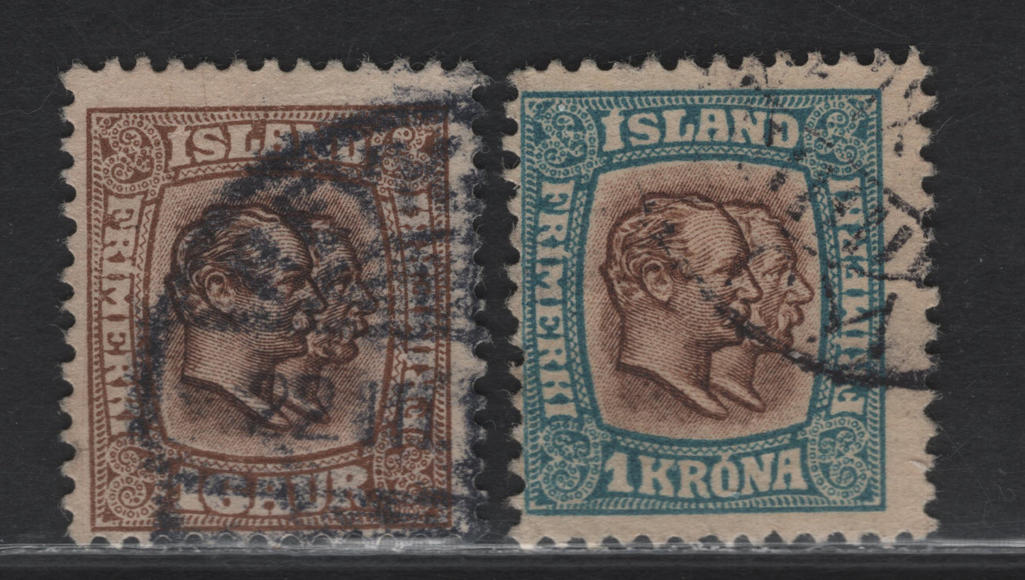 Lot 12A Iceland SC#78, 83 16a Brown King Christian IX & Frederik VIII, 1907-1908 King Christian IX & Frederik VIII Issue, 2 Fine Used Singles