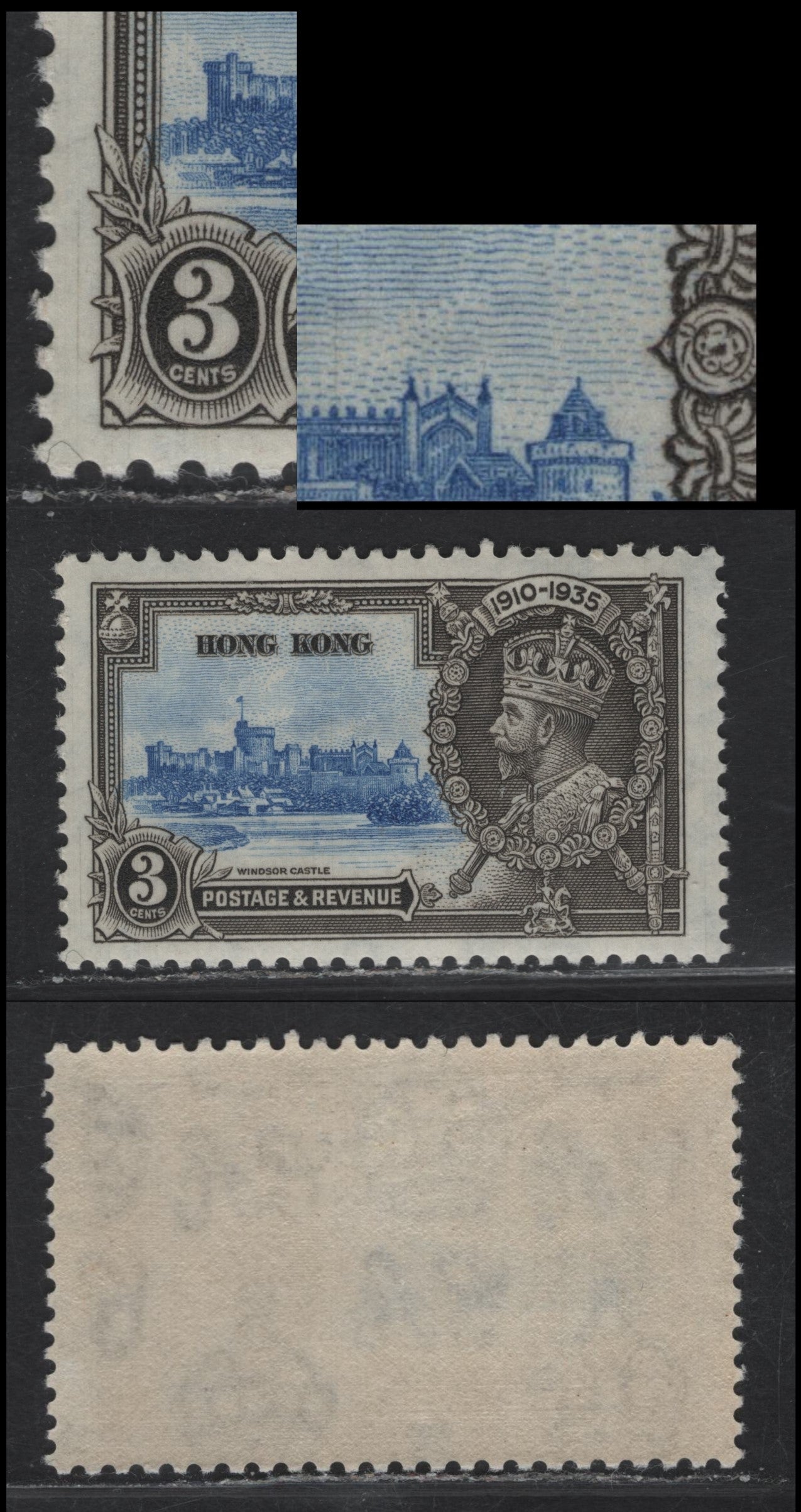 Lot 132 Hong Kong SG#133var 3c Ultramarine & Gray Black KGV & Windsor Castle, 1935 Silver Jubilee Issue, A VFOG Single, Vertical Scratch In The Lower Left Margin & Bird Between The Spires Of The Chapel, Unlisted But Constant