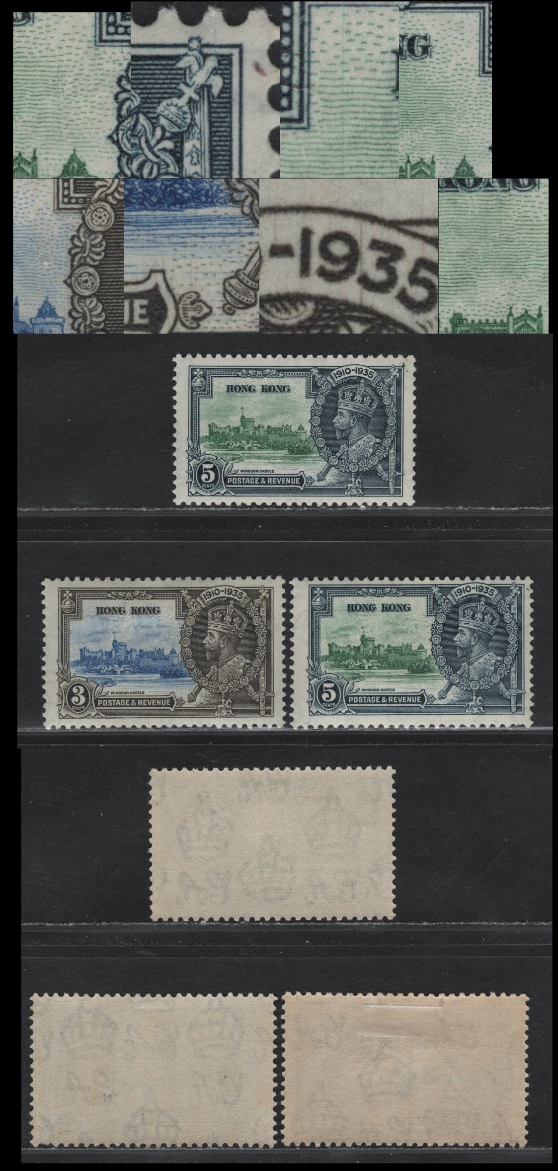 Lot 133 Hong Kong SG#133-134var 3c - 5c Ultramarine & Gray Black - Green & Indigo KGV & Windsor Castle, 1935 Silver Jubilee Issue, 3 F/VFOG Singles, Multiple Vignette Plate Cracks, Which Manifest As Fine Hairlines Through Various Parts Of The Design