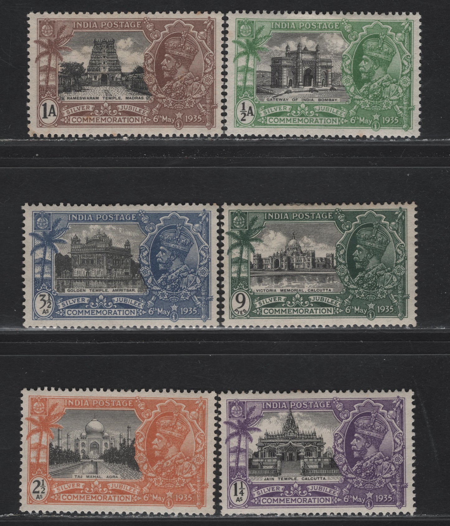 Lot 139 India SG#240w-245w 1/2a - 3.5a Black & Yellow Green - Black & Dull Ultramarine Rameswaram Temple - Golden Temple, 1935 Silver Jubilee Issue, 5 VFOG Singles, Wmk Stars Pointing Left