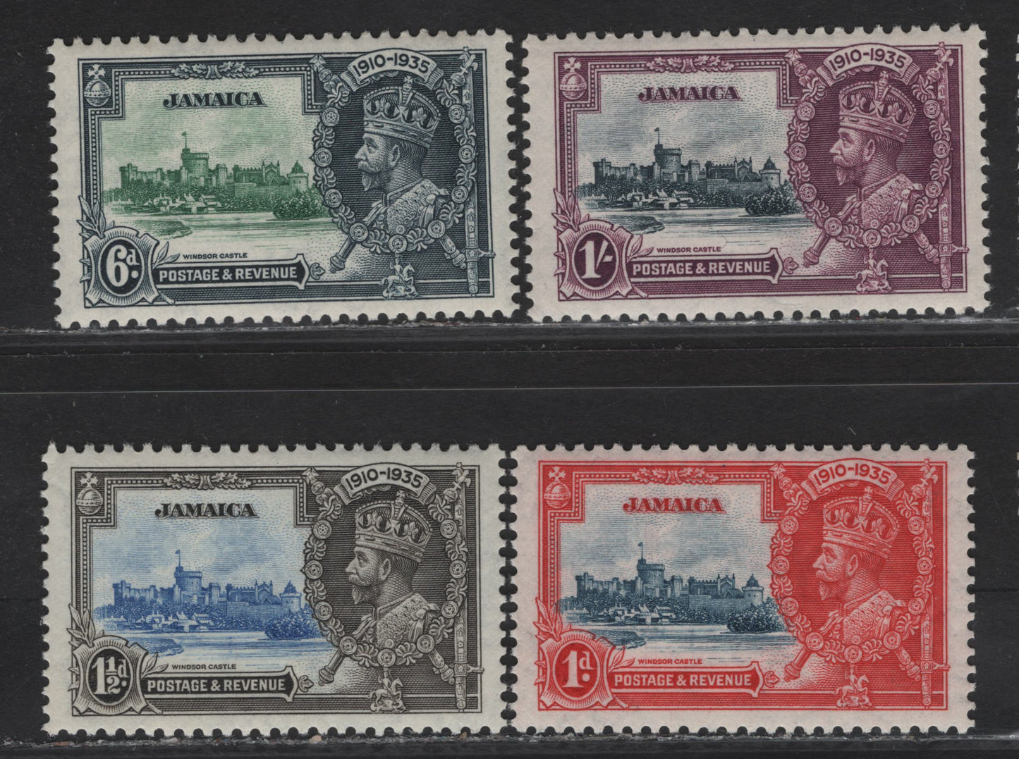 Lot 142 Jamaica SG#114-117 1c - 1/- Deep Gray Blue & Scarlet - Slate & Purple KGV & Windsor Castle, 1935 Silver Jubilee Issue, 4 VFNH Singles