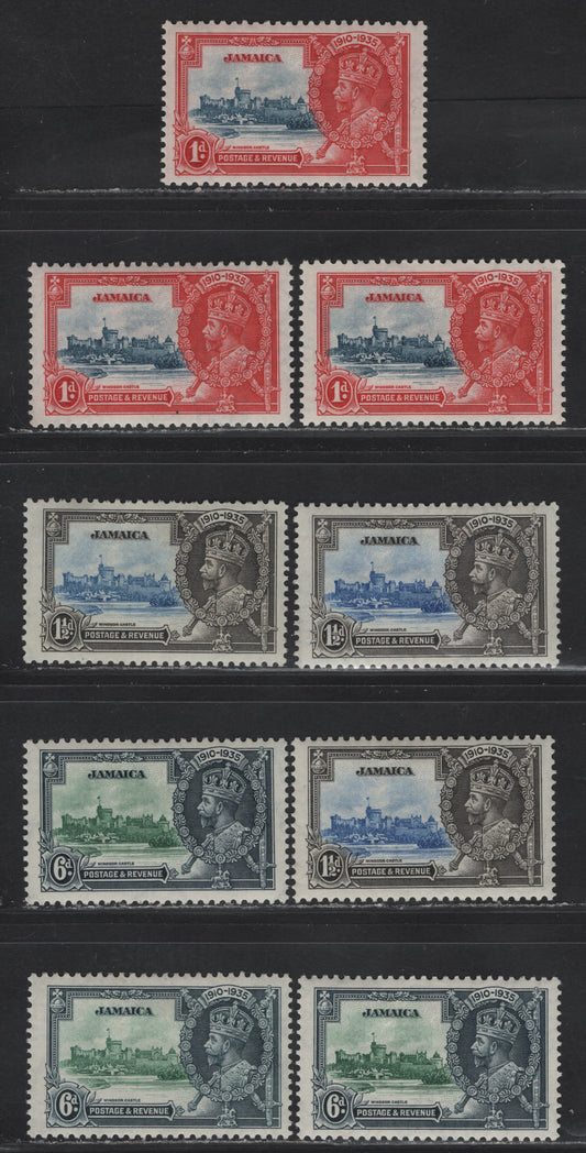Lot 144 Jamaica SG#114-116 1d - 6d Gray Blue & Scarlet - Green & Indigio KGV & Windsor Castle, 1935 Silver Jubilee Issue, 9 VFOG Singles, Three Different Frame/Bignette States
