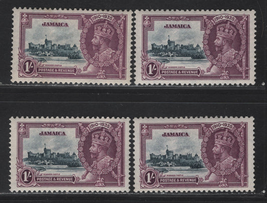 Lot 145 Jamaica SG#117 1/- Slate & Purple KGV & Windsor Castle, 1935 Silver Jubilee Issue, 4 VFOG Singles, Four Different Frame & Vignette Shades
