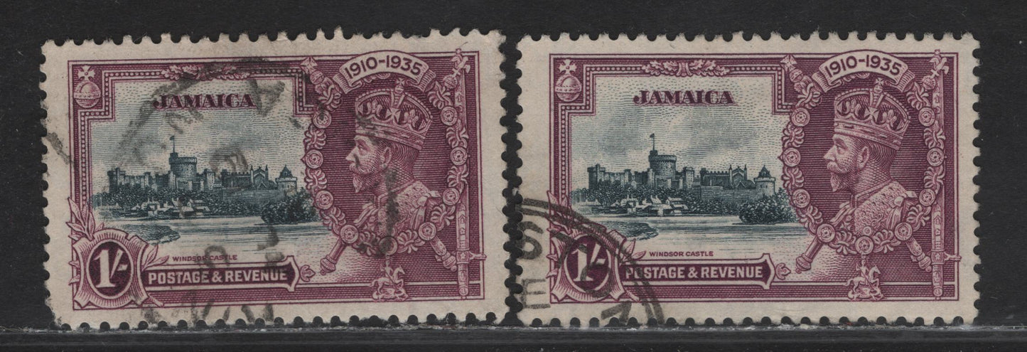 Lot 146 Jamaica SG#117 1/- Slate & Purple KGV & Windsor Castle, 1935 Silver Jubilee Issue, 2 Fine/Very Fine Used Singles, Two Different Frame & Vignette Shades