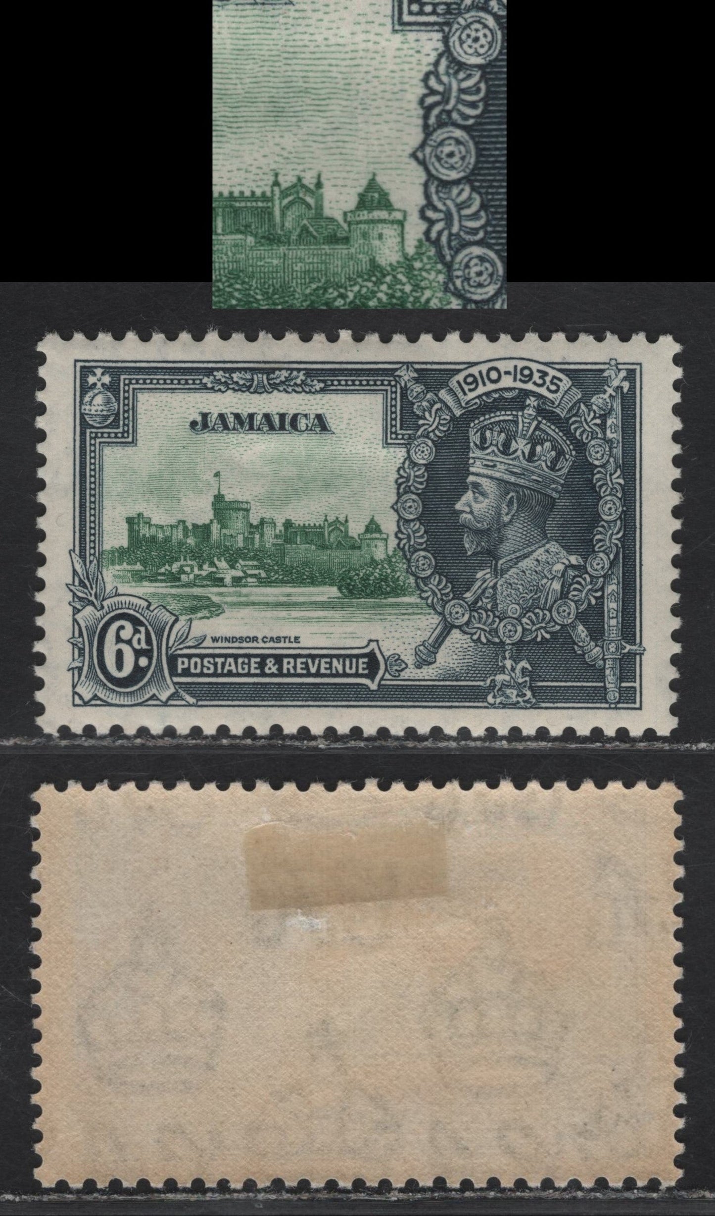 Lot 152 Jamaica SG#116var 6d Green & Indigo KGV & Windsor Castle, 1935 Silver Jubilee Issue, A VFOG Single, Unlisted Flagstaff On Right Turret, Gibbons Lists This On the 1d Value, But Not This Value