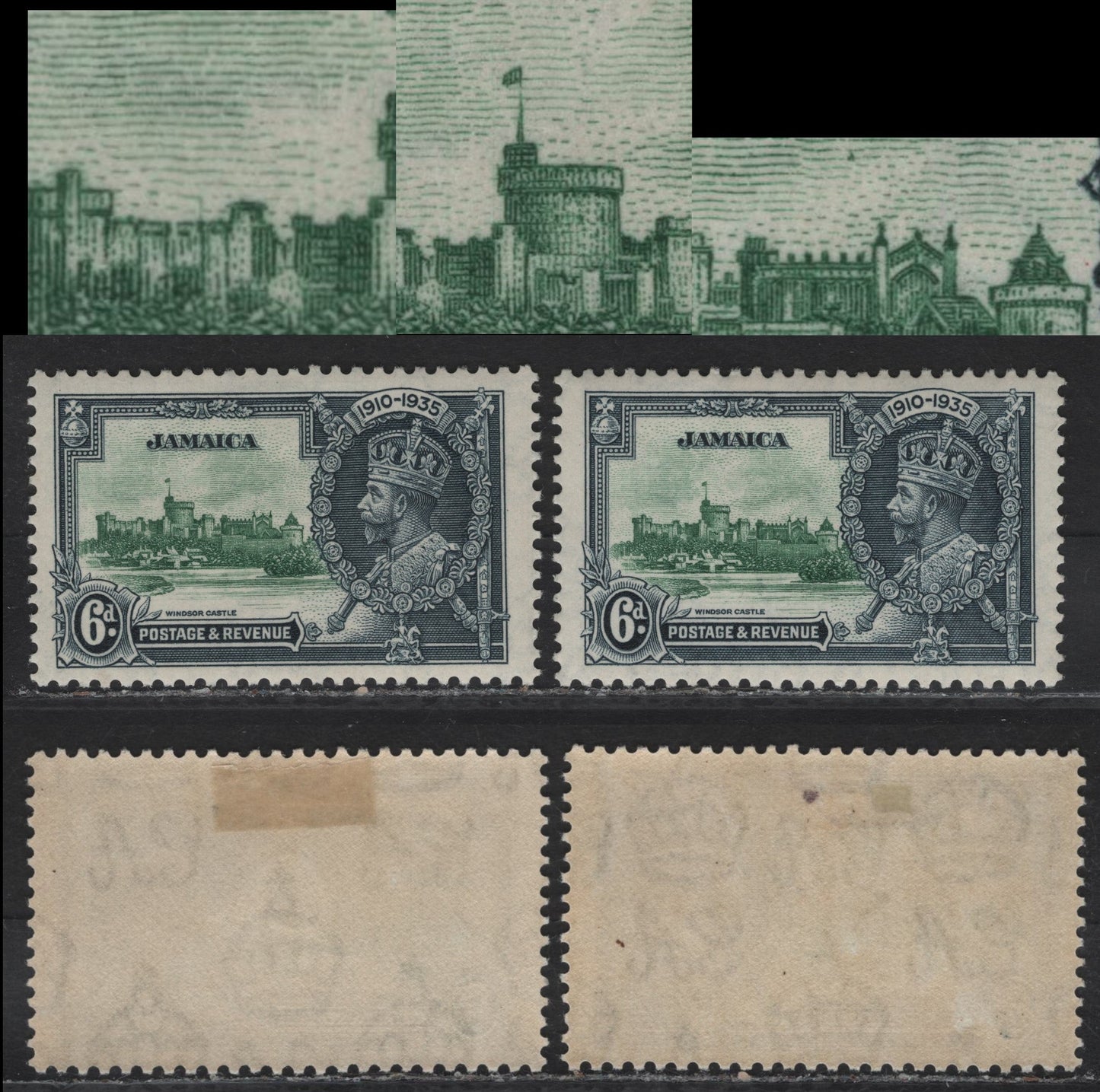 Lot 154 Jamaica SG#116var 6d Green & Indigo KGV & Windsor Castle, 1935 Silver Jubilee Issue, 2 VFOG Singles, Vignette Plate Flaws