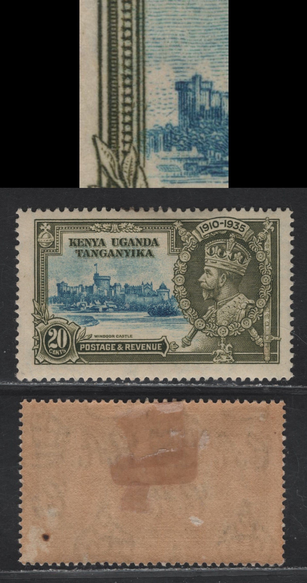 Lot 158 (C) K.U.T SG#124var 20c Light Blue & Olive Green KGV & Windsor Castle, 1935 Silver Jubilee Issue, A FOG Single, Diagonal Line Above Home Park Wood