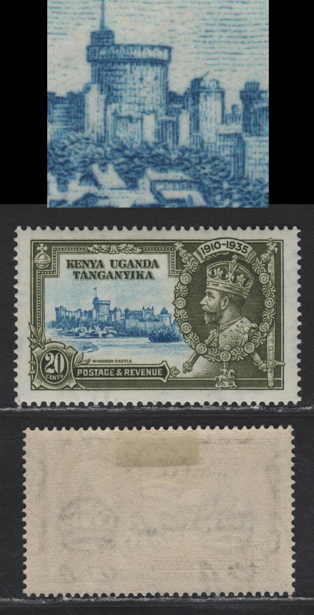 Lot 159 K.U.T SG#124var 20c Light Blue & Olive Green KGV & Windsor Castle, 1935 Silver Jubilee Issue, A VFOG Single, Small Canon On Winchester Tower