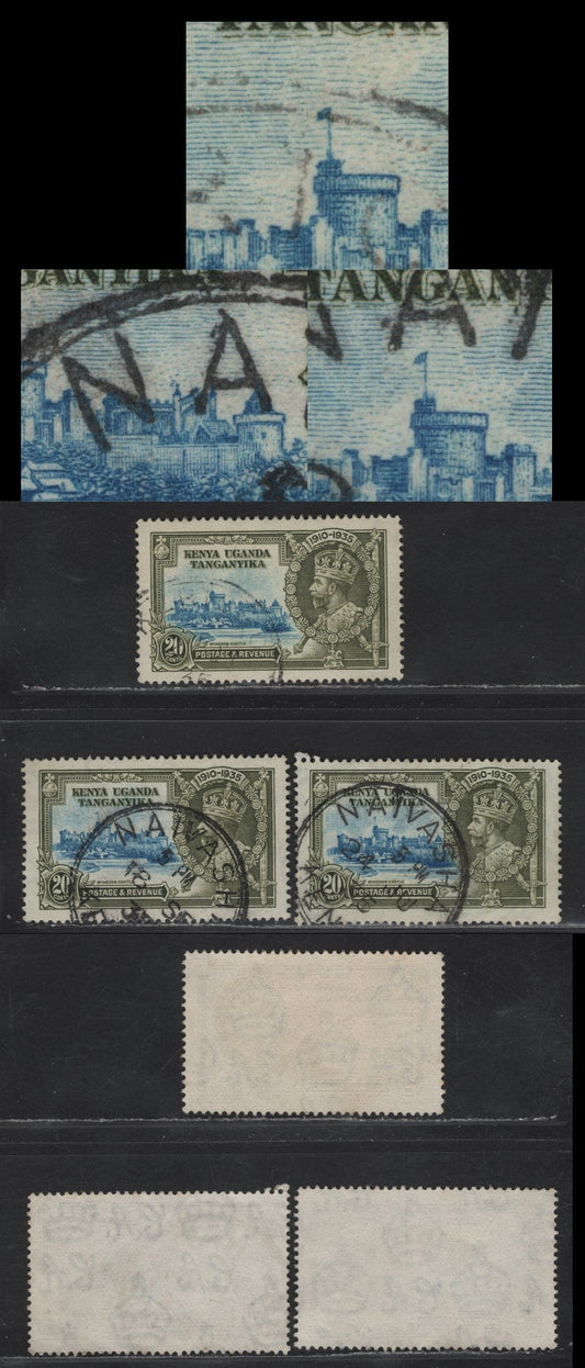 Lot 160 K.U.T SG#124 20c Light Blue & Olive Green KGV & Windsor Castle, 1935 Silver Jubilee Issue, 3 Very Fine Used Singles, Vignette Plate Flaws, Which May Or May Not Be Constant