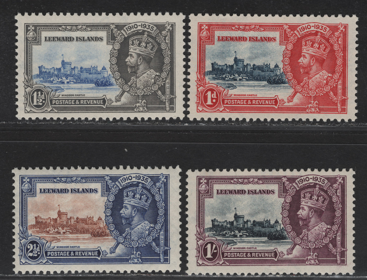 Lot 166 Leeward Islands SG#88-91 1d - 1/- Deep Blue & Scarlet - Slate & Purple KGV & Windsor Castle, 1935 Silver Jubilee Issue, 4 F/VFNH Singles