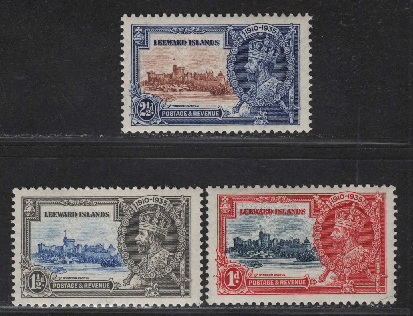 Lot 167 Leeward Islands SG#88-90 1d - 12.5d Deep Blue & Scarlet - Yellow Brown & Deep Purple KGV & Windsor Castle, 1935 Silver Jubilee Issue, 3 VFNH Singles