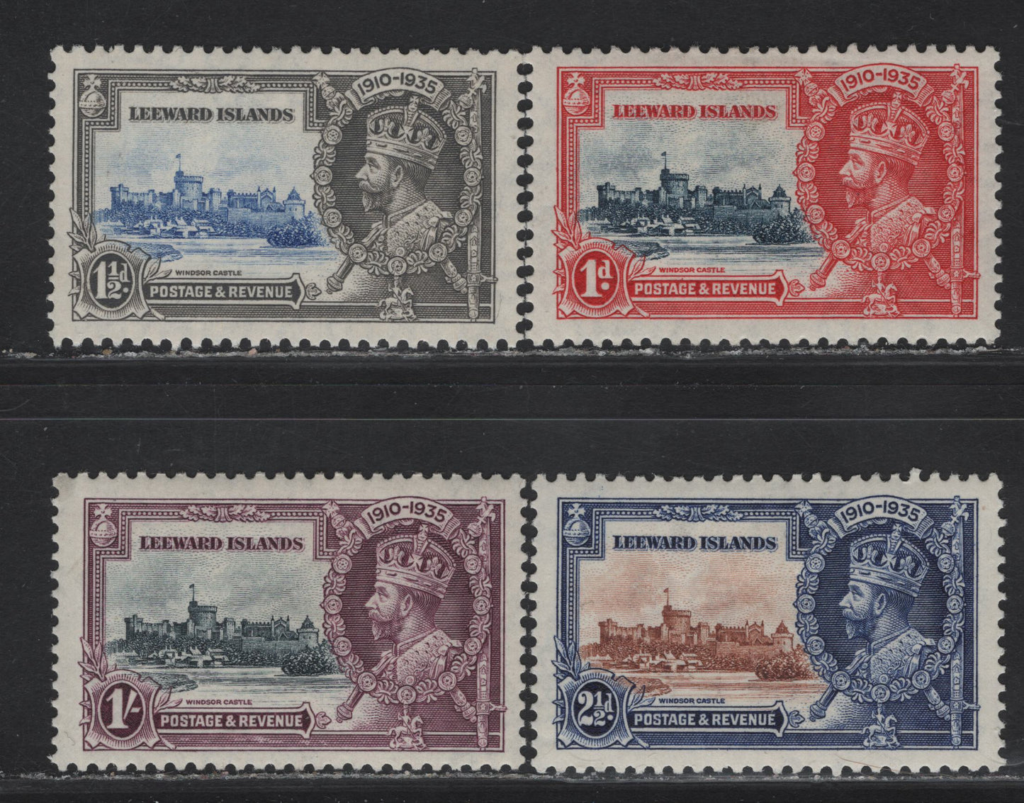 Leeward Islands SG#88-91 1d - 1/- Deep Blue & Scarlet - Slate & Purple KGV & Windsor Castle, 1935 Silver Jubilee Issue, 4 VFOG Singles, Basic Hinged Set