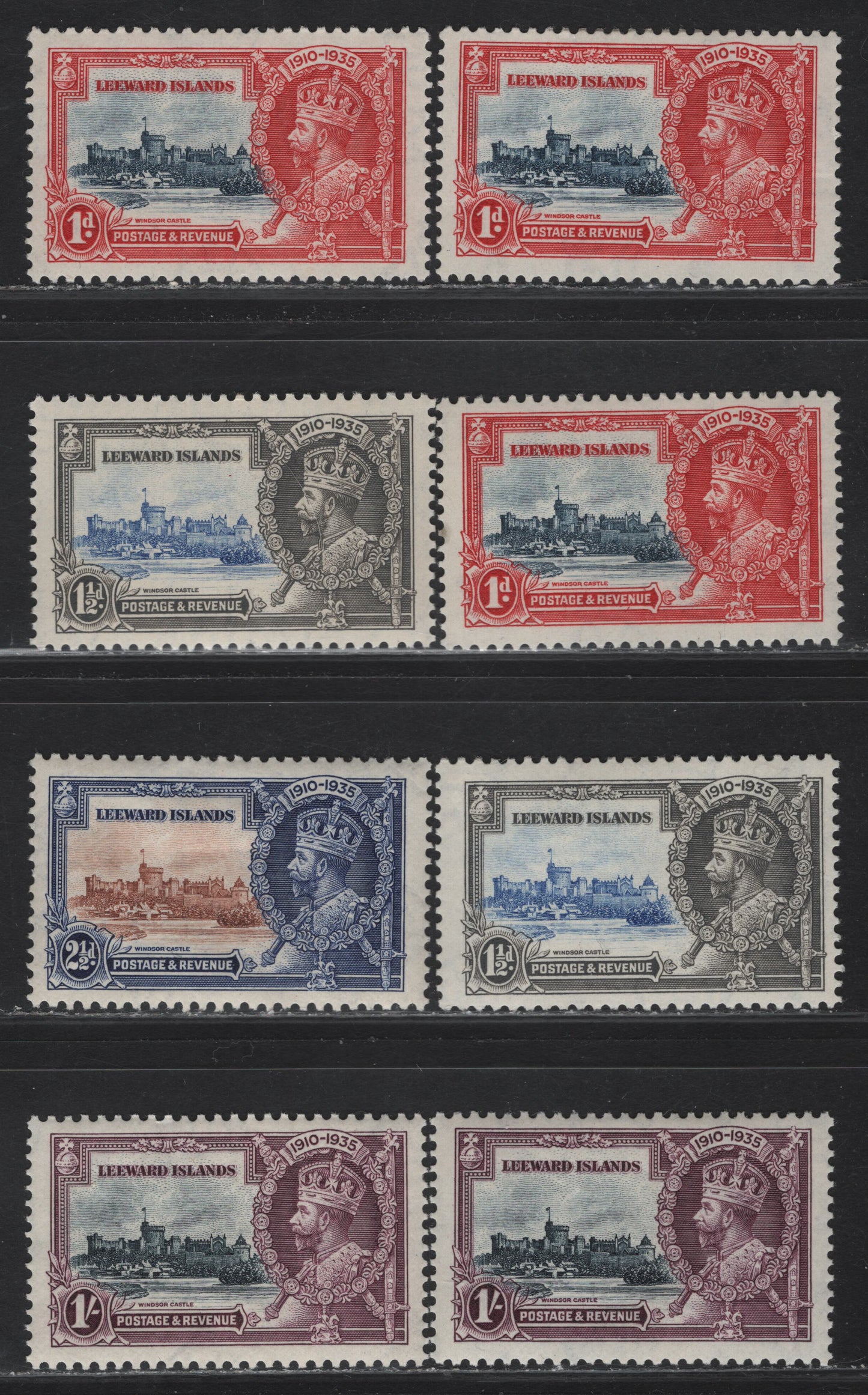 Lot 169 Leeward Islands SG#88-91 1d - 1/- Deep Blue & Scarlet - Slate & Purple KGV & Windsor Castle, 1935 Silver Jubilee Issue, 4 VFOG Singles, Shade Lot Showing The Variations That Can Occue For Both The Frame & Vignette Colors