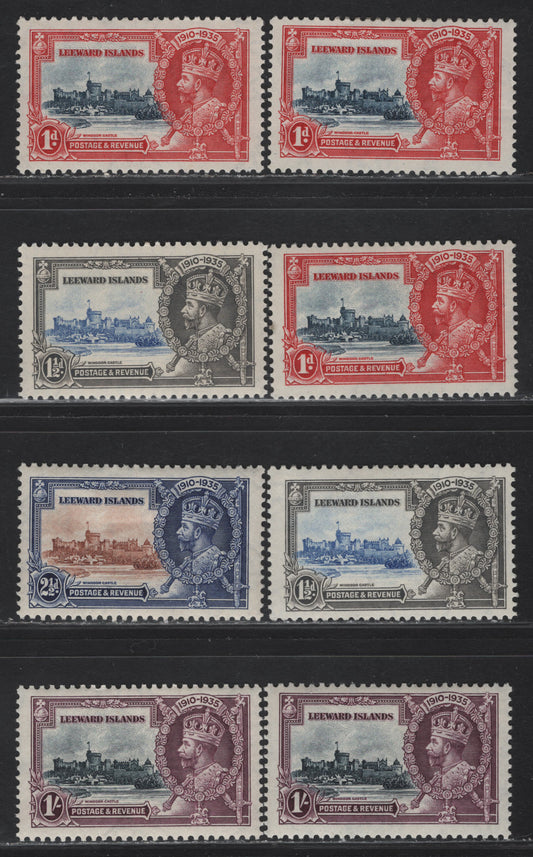 Lot 169 Leeward Islands SG#88-91 1d - 1/- Deep Blue & Scarlet - Slate & Purple KGV & Windsor Castle, 1935 Silver Jubilee Issue, 4 VFOG Singles, Shade Lot Showing The Variations That Can Occue For Both The Frame & Vignette Colors