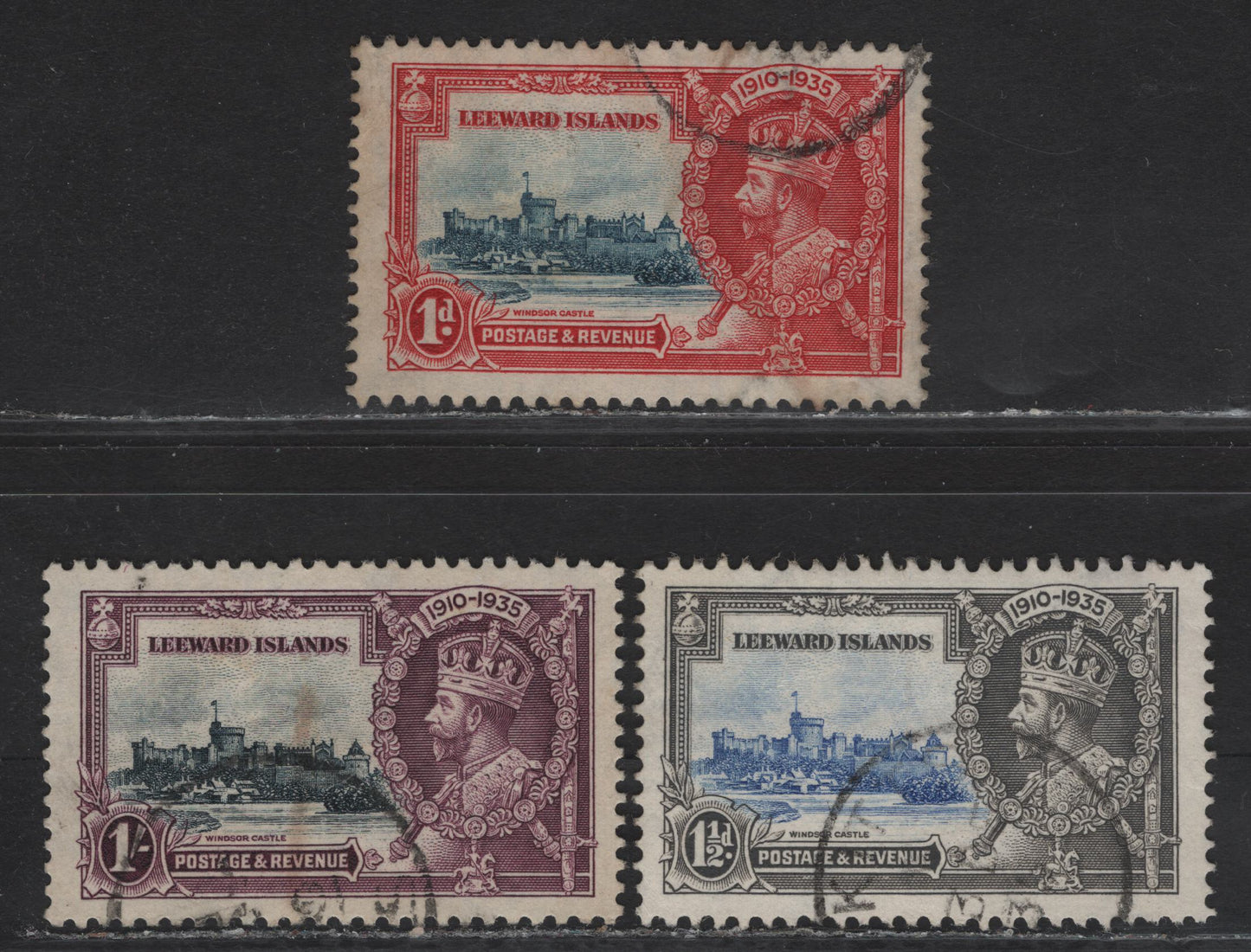 Lot 170 Leeward Islands SG#88-89, 91 1d - 1/- Deep Blue & Scarlet - Slate & Purple KGV & Windsor Castle, 1935 Silver Jubilee Issue, 3 Fine/Very Fine Used Singles