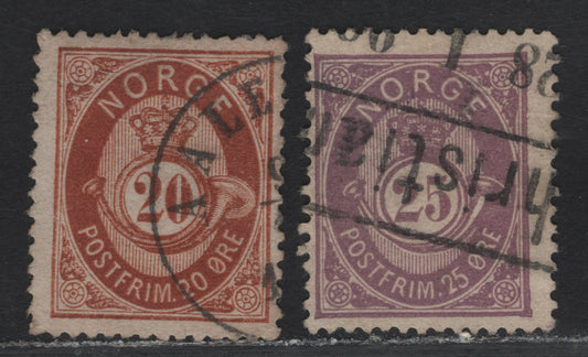 Lot 17 Norway SC#27, 45 20o - 25o Orange Brown - Dull Violet Post Horn, 1877-1893 Post Horns With Sans Serif Capitals Issue, 2 Very Good/Fine Used Singles, Ring of Posthorn Shaded On 20o, Unshaded On 25o, Diagonal Crease On 25o
