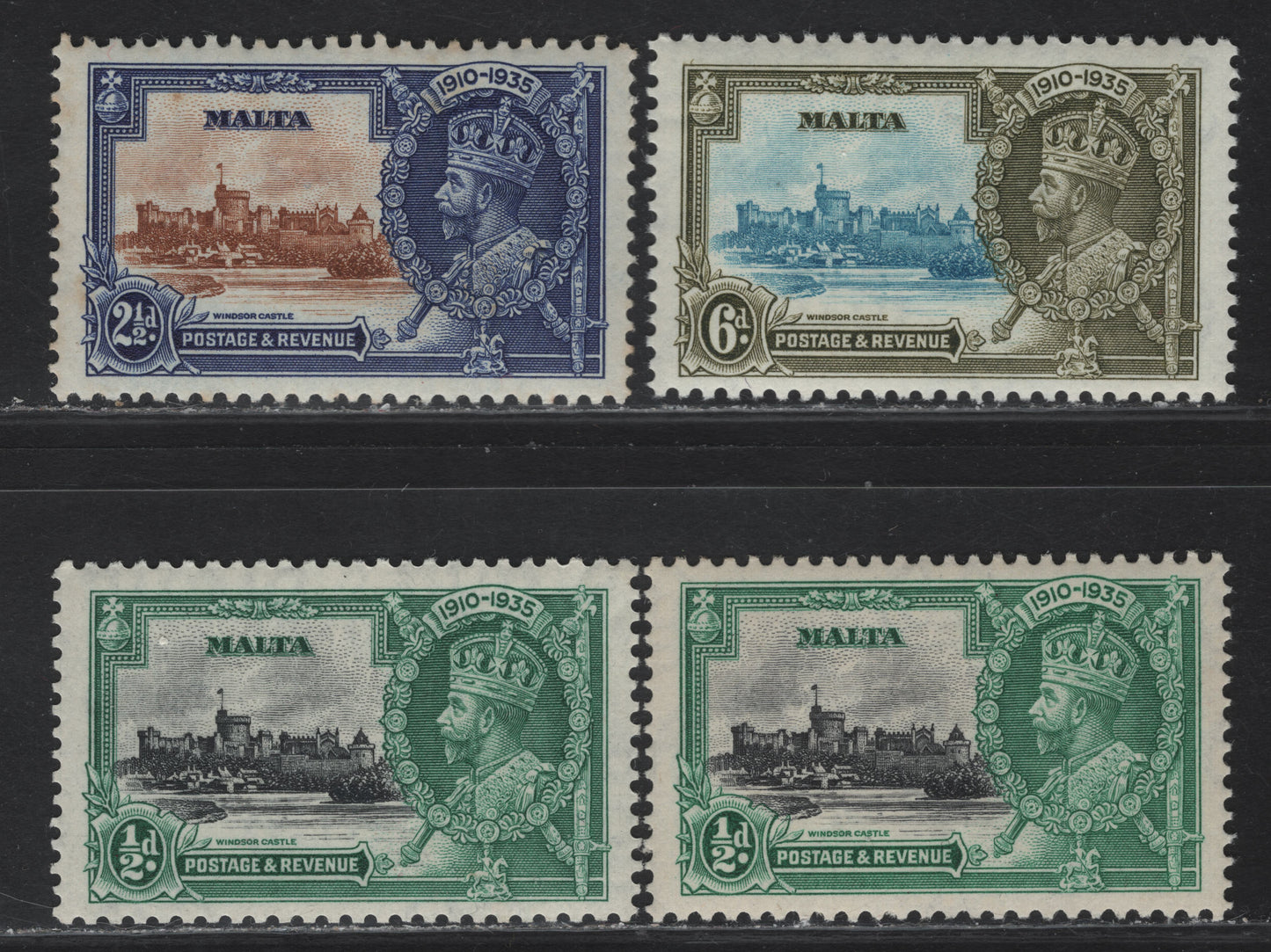 Lot 176 Malta SG#210-212 1/2d - 6d Black 7 Blue Green - Light Blue & Olive Green KGV & Windsor Castle, 1935 Silver Jubilee Issue, 3 VFNH Singles