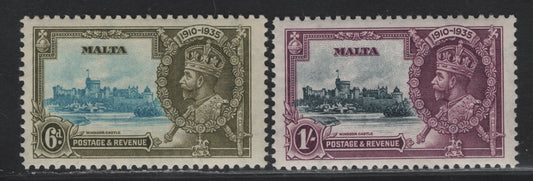 Lot 177 Malta SG#212-213 6d - 1/- Light Blue & Olive Green  - Slate & Purple KGV & Windsor Castle, 1935 Silver Jubilee Issue, 2 VFNH Singles