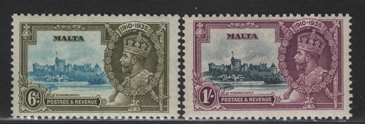 Malta SG#212-213 6d - 1/- Light Blue & Sage Green  - Slate & Purple KGV & Windsor Castle, 1935 Silver Jubilee Issue, 2 FNH Singles