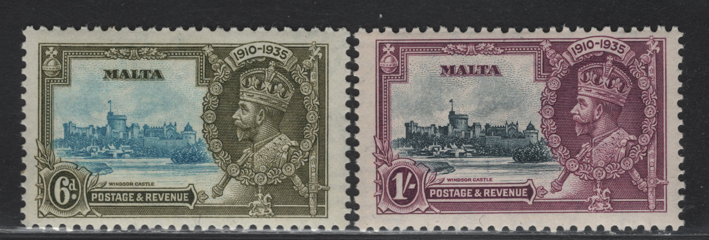 Lot 178 Malta SG#212-213 6d - 1/- Light Blue & Sage Green  - Slate & Purple KGV & Windsor Castle, 1935 Silver Jubilee Issue, 2 FNH Singles