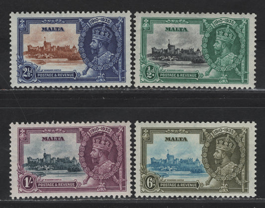Lot 179 Malta SG#210-213 1/2d - 1/- Black & Blue Green - Slate & Purple KGV & Windsor Castle, 1935 Silver Jubilee Issue, 4 VFOG Singles