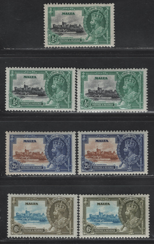 Lot 180 Malta SG#210-212 1/2d - 6d Black & Blue Green - Light Blue & Sage/Olive Green KGV & Windsor Castle, 1935 Silver Jubilee Issue, 4 VFOG Singles, Shade Grouping Showing Variations In The Frame Colors