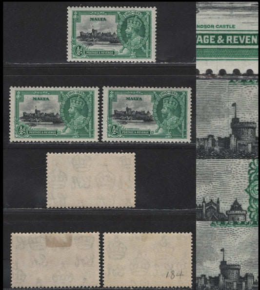 Lot 182 Malta SG#210var 1/2d Black & Blue Green KGV & Windsor Castle, 1935 Silver Jubilee Issue, 3 VFOG Singles, Showing Vignette Plate Cracks Showing Black Hairlines Through Various Parts Of Design