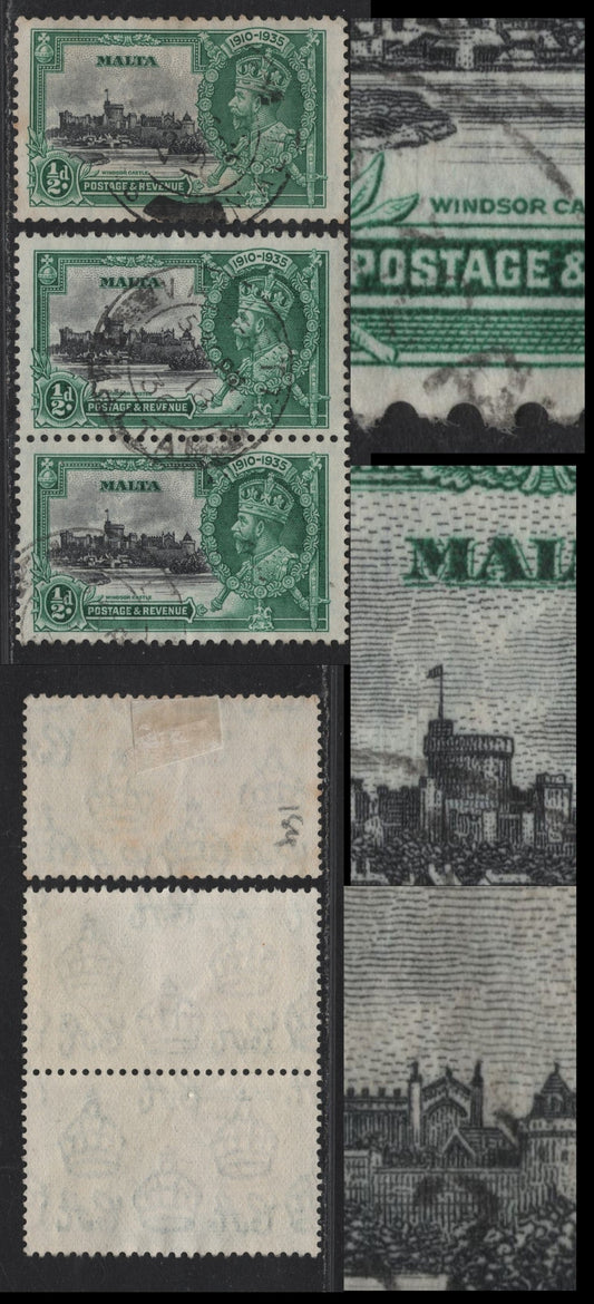 Lot 183 Malta SG#210var 1/2d Black & Blue Green KGV & Windsor Castle, 1935 Silver Jubilee Issue, 2 Fine/Very Fine Used Singles Examples With Black Hairlines Through Various Parts of the Design Resulting From Vignette Plate Cracks, ,