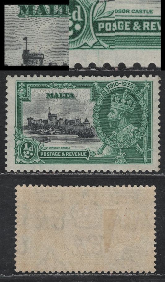 Lot 184 Malta SG#210var 1/2d Black & Blue Green KGV & Windsor Castle, 1935 Silver Jubilee Issue, A VFOG Single Showing Hairlines In Black & Green Resulting From Cracks Of the Frame & Vignette Plates, ,