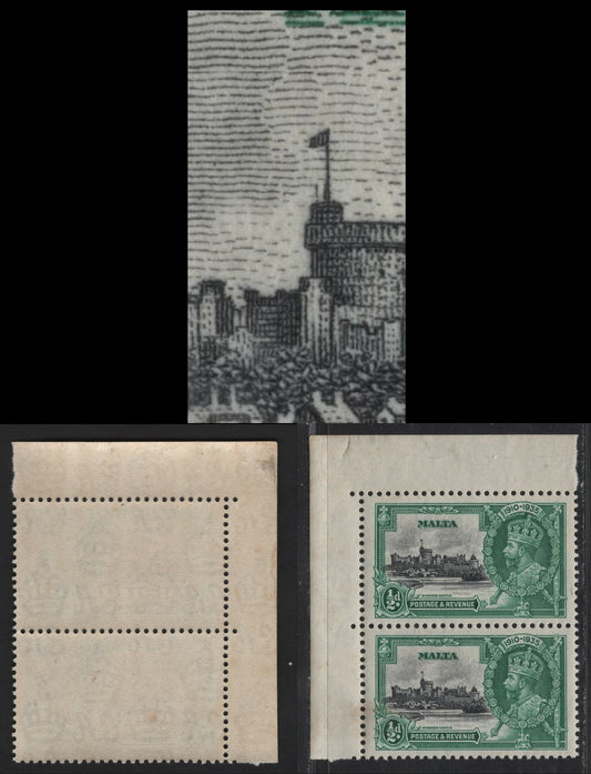 Lot 189 (C) Malta SG#210b 1/2d Black & Blue Green KGV & Windsor Castle, 1935 Silver Jubilee Issue, A VFNH Pair, Short Extra Flagstaff at Bottom Stamp (R2/1) In An UL Margin Pair