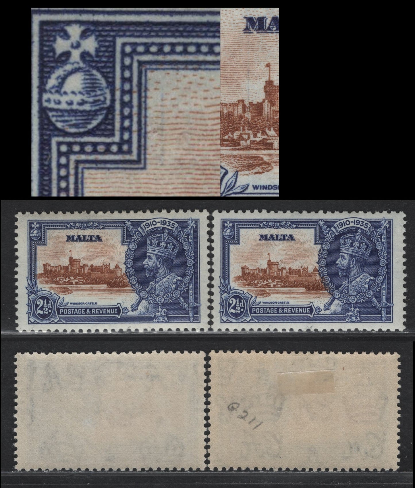 Lot 191 Malta SG#211var 2.5d Yellow Brown & Deep Bright Blue KGV & Windsor Castle, 1935 Silver Jubilee Issue, 2 VFNH/OG Singles, Blue Hairlines As A Result Of Frame Plate Cracks