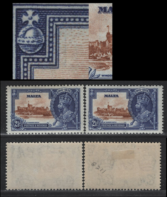 Lot 191 Malta SG#211var 2.5d Yellow Brown & Deep Bright Blue KGV & Windsor Castle, 1935 Silver Jubilee Issue, 2 VFNH/OG Singles, Blue Hairlines As A Result Of Frame Plate Cracks