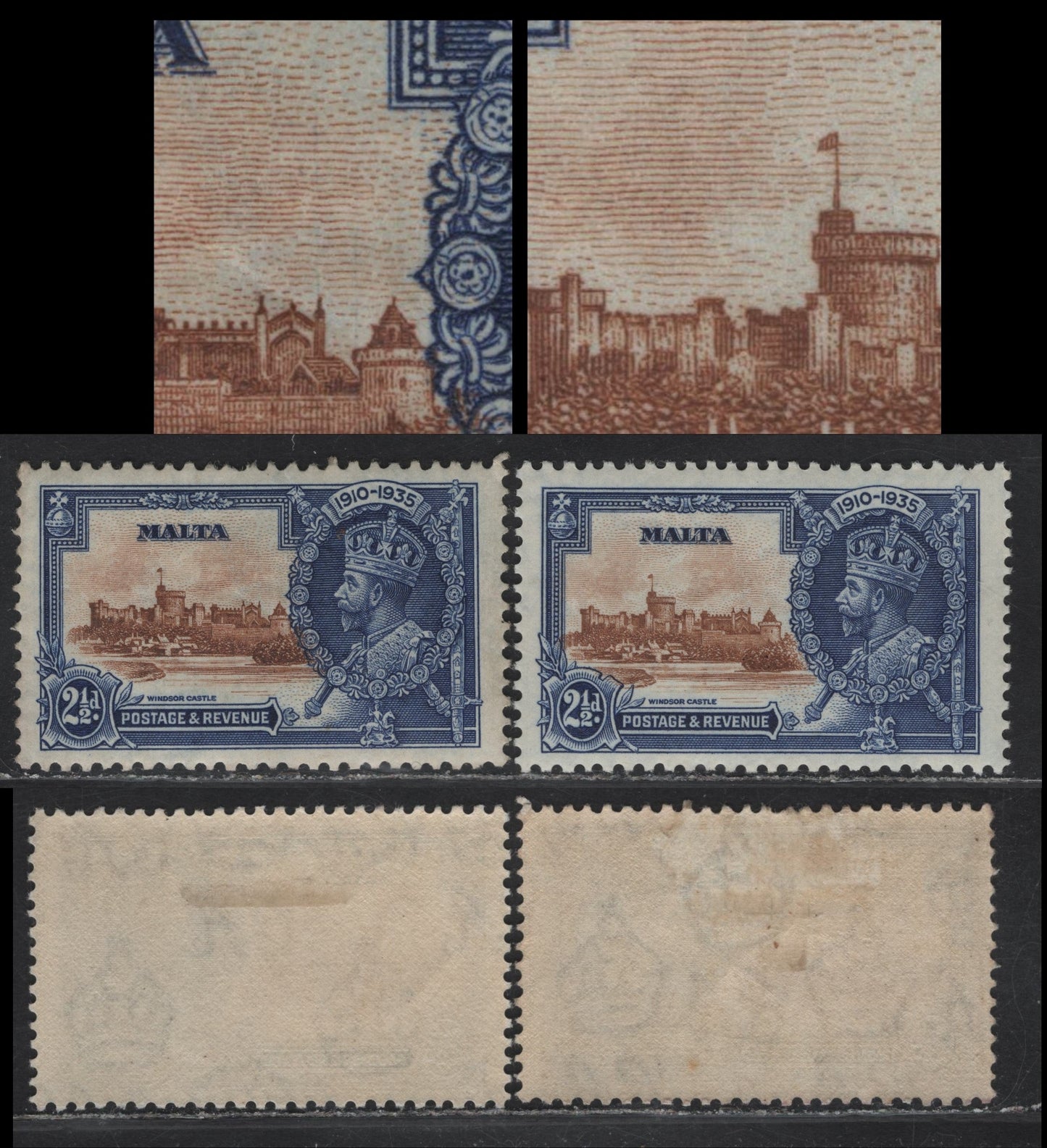 Lot 192 Malta SG#211var 2.5d Yellow Brown & Deep Bright Blue KGV & Windsor Castle, 1935 Silver Jubilee Issue, A VFOG Single, Showing Blue Hairlines In Vignette From Cracks Of The Frame Plate