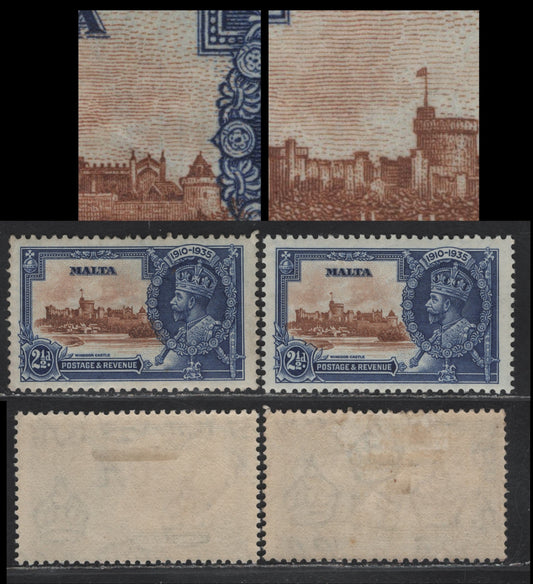 Lot 192 Malta SG#211var 2.5d Yellow Brown & Deep Bright Blue KGV & Windsor Castle, 1935 Silver Jubilee Issue, A VFOG Single, Showing Blue Hairlines In Vignette From Cracks Of The Frame Plate