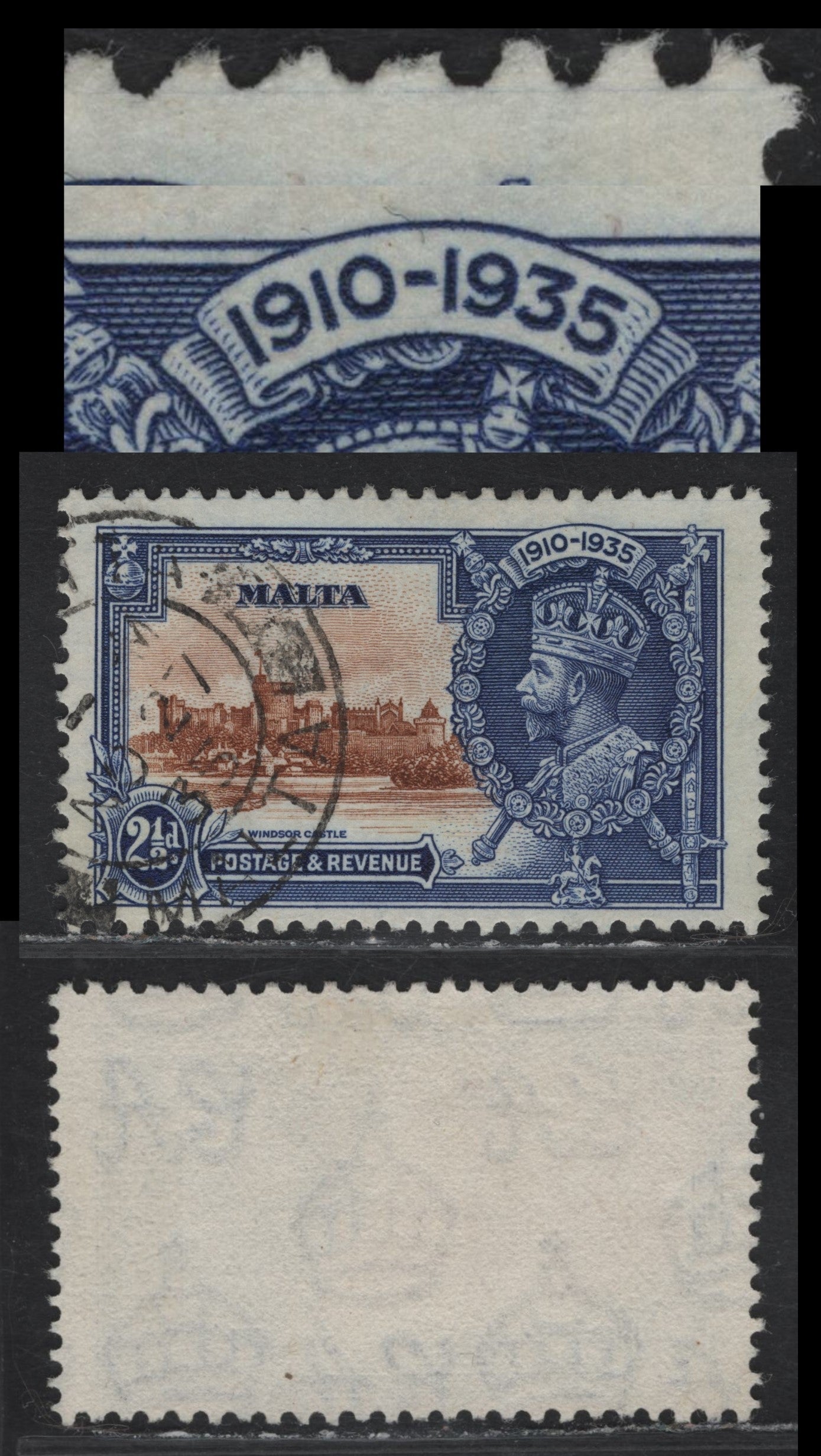 Lot 194 Malta SG#211var 2.5d Orange Yellow Brown & Deep Bright Blue KGV & Windsor Castle, 1935 Silver Jubilee Issue, A Very Fine Used Single, Horizontal Guidelines Through Upper Margin & Date