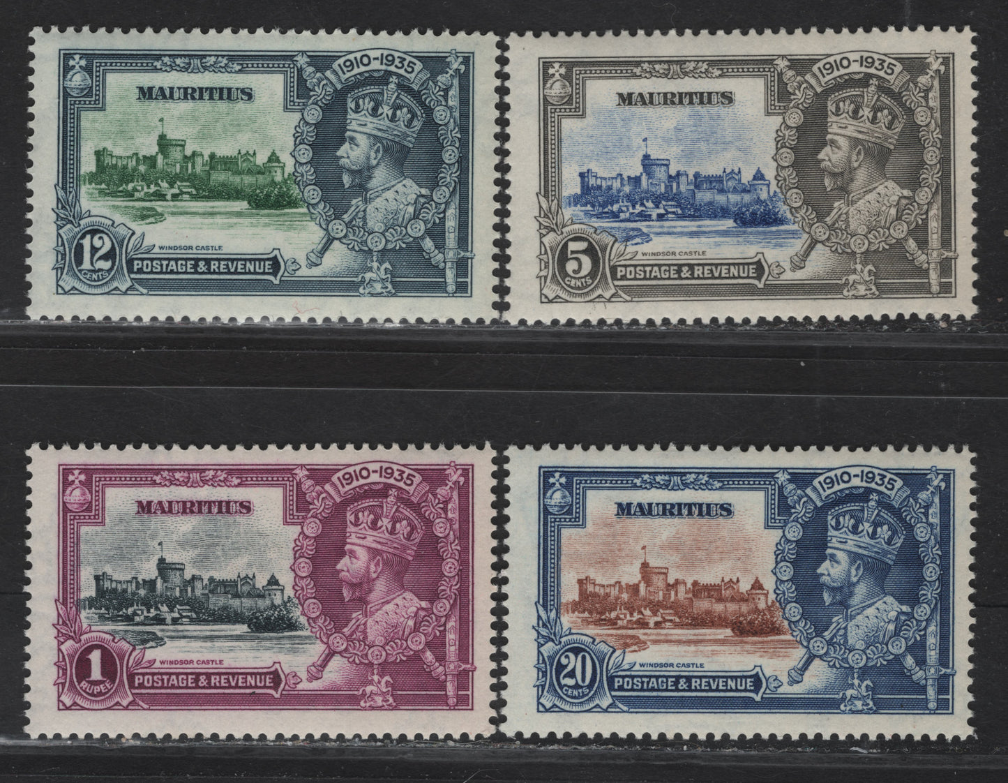 Lot 197 Mauritius SG#245-248 5c - 1r Ultramarine & Gray - Slate & Bright Purple KGV & Windsor Castle, 1935 Silver Jubilee Issue, 4 VFNH Singles