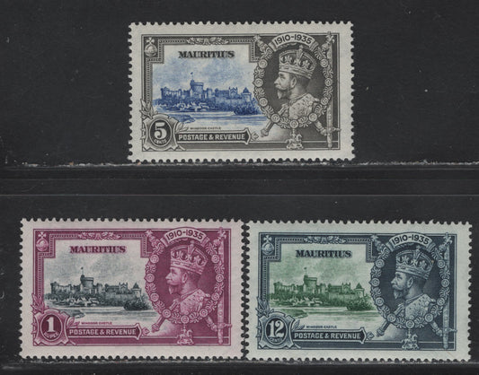 Mauritius SG#245, 247-248 5c - 1r Ultramarine & Gray - Slate & Purple KGV & Windsor Castle, 1935 Silver Jubilee Issue, 3 VFNH Singles, Nearly Complete NH Set