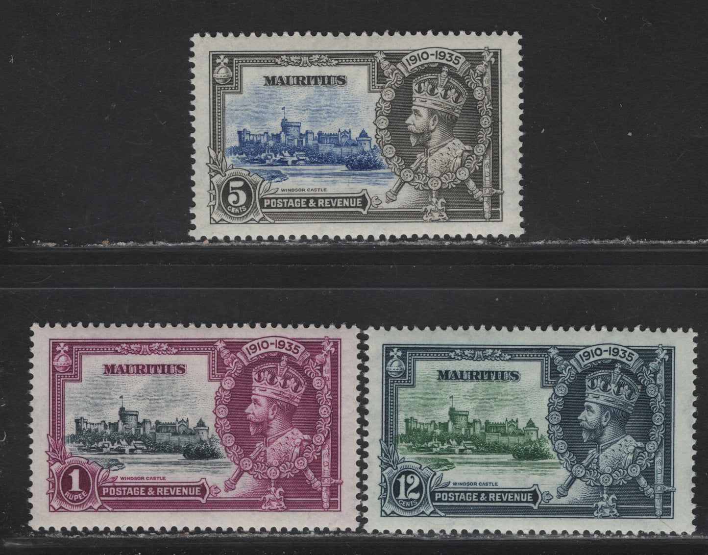 Lot 198 Mauritius SG#245, 247-248 5c - 1r Ultramarine & Gray - Slate & Purple KGV & Windsor Castle, 1935 Silver Jubilee Issue, 3 VFNH Singles, Nearly Complete NH Set