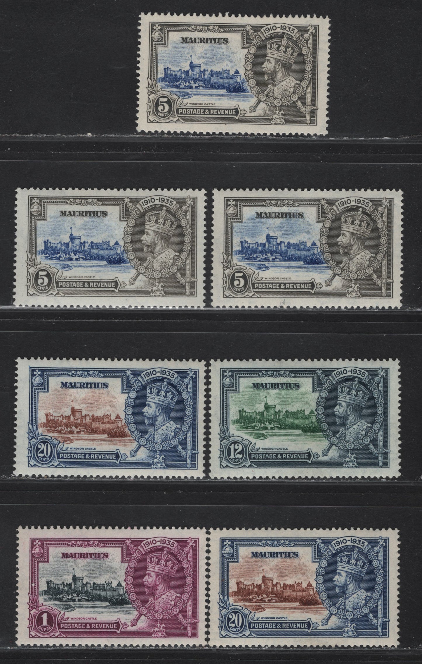 Lot 199 Mauritius SG#245-248 5c - 1r Ultramarine & Gray - Slate & Purple KGV & Windsor Castle, 1935 Silver Jubilee Issue, 4 VFOG Singles, Shade Lot Showing 2 & 3 Different Shades Of the 5c & 20c