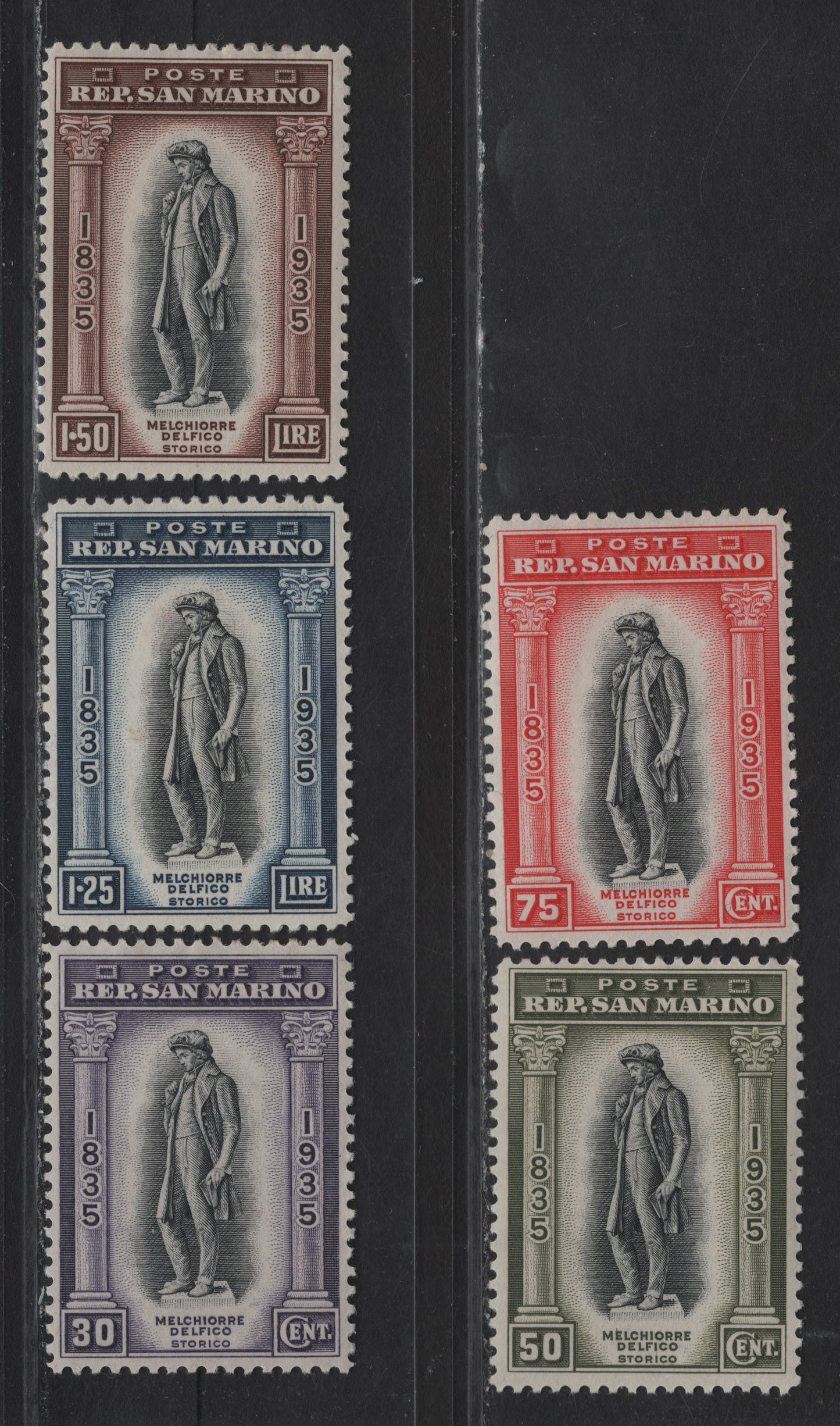 Lot 20 San Marino SC#175-179 30c - 1.5 Dull Violet & Black - Dark Brown & Black Melchiore Delfico, 1935 Melchiore Delfico Issue, 5 VFOG Singles