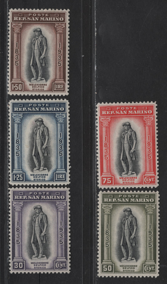 Lot 20 San Marino SC#175-179 30c - 1.5 Dull Violet & Black - Dark Brown & Black Melchiore Delfico, 1935 Melchiore Delfico Issue, 5 VFOG Singles