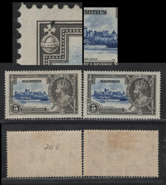 Lot 201 Mauritius SG#245var 5c Ultramarine & Gray KGV & Windsor Castle, 1935 Silver Jubilee Issue, 2 VFOG Singles, Both Showing Vignette Plate Varieties