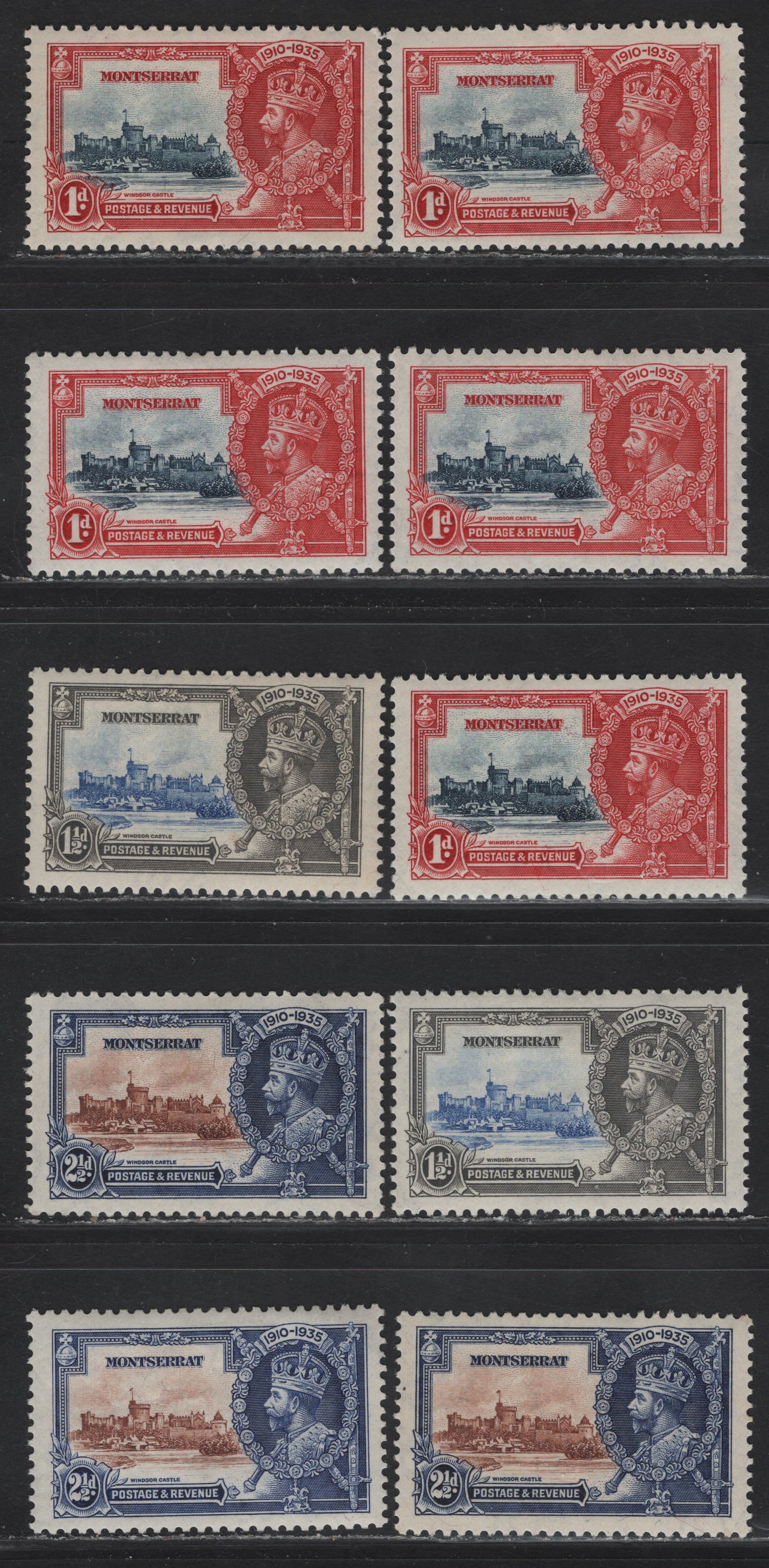 Lot 207 Montserrat SG#94-96 1d - 2.5d Deep Blue & Scarlet - Chestnut Brown & Deep Bright Blue KGV & Windsor Castle, 1935 Silver Jubilee Issue, 3 F/VFOG Singles, Shadw Lot Showing The Variations That Can Be Pound On These Stamps