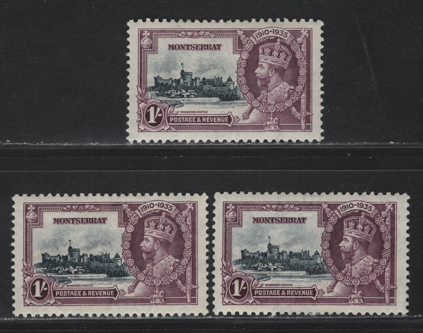 Lot 208 Montserrat SG#97 1/- Slate & Purple KGV & Windsor Castle, 1935 Silver Jubilee Issue, A VFOG Singles, 3 Different Shades Of The Vignette & Frame